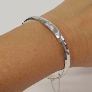 Sterling Silver 925 Bangle Bracelet with Safety Chain and Hammered Finish
